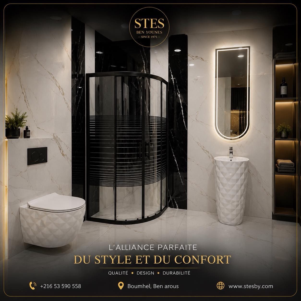 Showroom STES — salle de bain noir et or