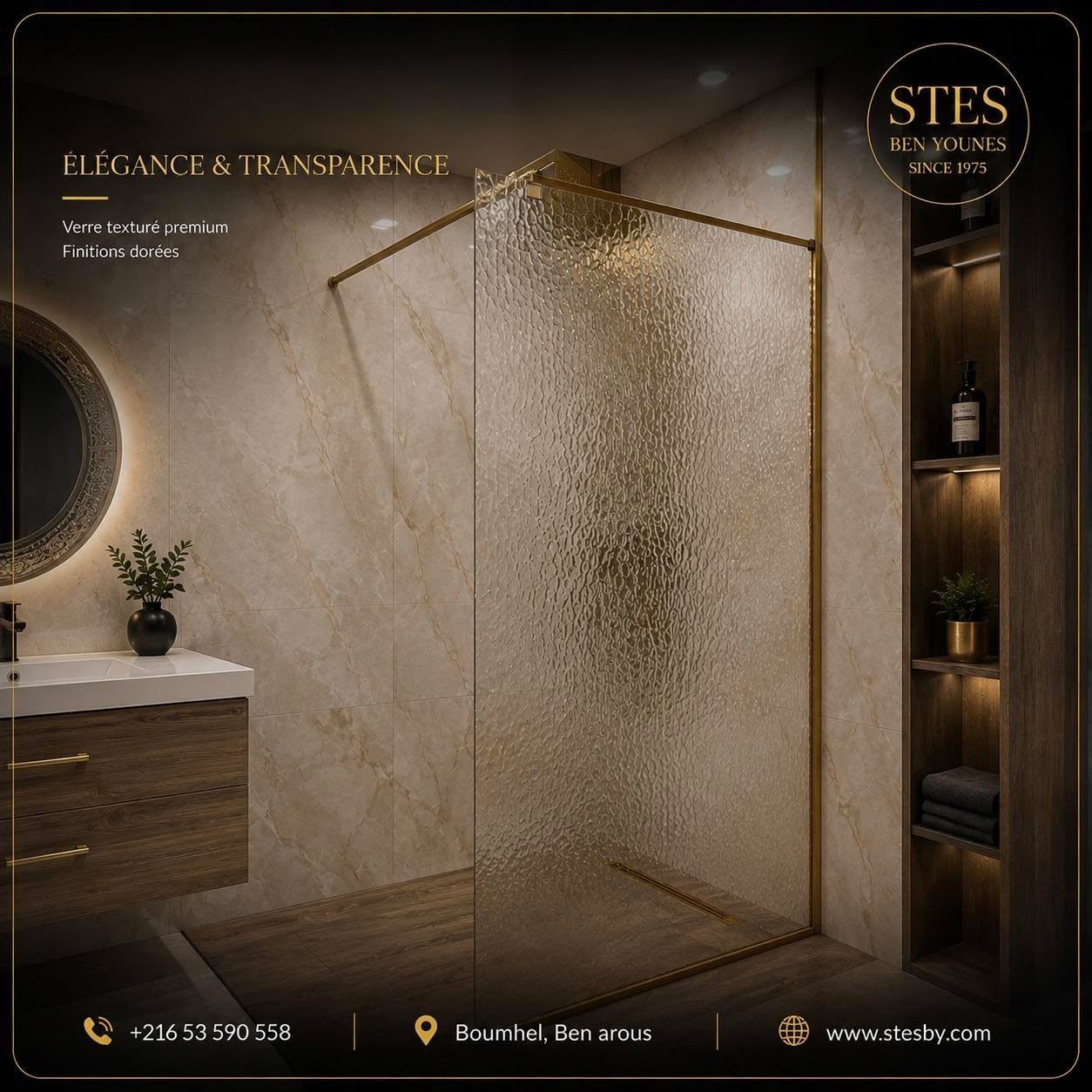 Showroom STES — paroi de douche verre doré